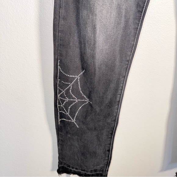 MNML gothic witchy whimsigoth rhinestone spiderweb raw hem jeans mens cut 31 - Picture 4 of 7